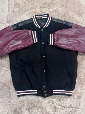 Steve & Barry's Black Body Varsity Jacket with Burgundy Sleeves
